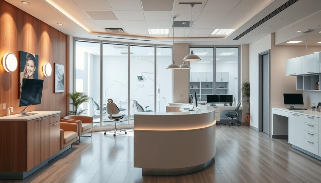 A modern, well-equipped dental clinic with an efficient and organized layout. The front reception area features a warm, minimalist design with comfortable seating and a sleek, minimalist reception desk. Behind it, the clinical areas are visible through large windows, showcasing state-of-the-art dental equipment and a clean, sterile environment. The lighting is bright and natural, creating a calming atmosphere. In the background, a neatly organized administrative space can be seen, with workstations and computers, exemplifying the clinic's commitment to effective management and record-keeping. The overall impression is one of professionalism, efficiency, and patient-centered care.