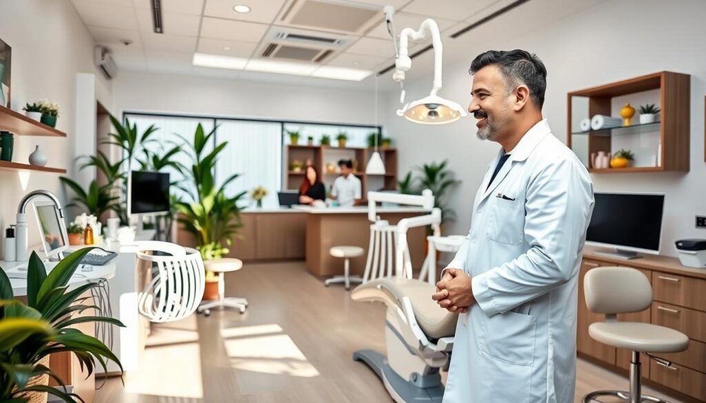 A modern, well-equipped dental clinic with an inviting, professional atmosphere. In the foreground, a dentist in a pristine white coat warmly greeting a patient and guiding them to a comfortable dental chair. Soft, natural lighting illuminates the scene, creating a calming, relaxing ambiance. The middle ground features state-of-the-art dental equipment and tools, meticulously arranged for efficient, high-quality care. In the background, a reception area with a friendly staff, elegant decor, and soothing greenery, conveying a sense of attention to detail and commitment to patient satisfaction. An atmosphere of excellence, competence, and personalized attention, perfectly capturing the essence of "atendimento odontológico de excelência".