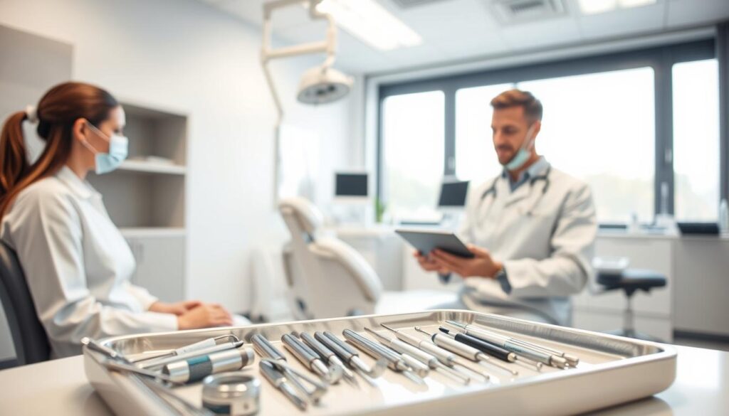 A modern, well-equipped dental clinic with bright and airy interior. In the foreground, a dentist consults with a patient while reviewing medical records on a tablet. The middle ground showcases various dental tools and equipment neatly arranged on a tray. In the background, a large window provides natural lighting, illuminating the clean and professional atmosphere. The overall scene conveys a sense of expertise, care, and a commitment to patient well-being.