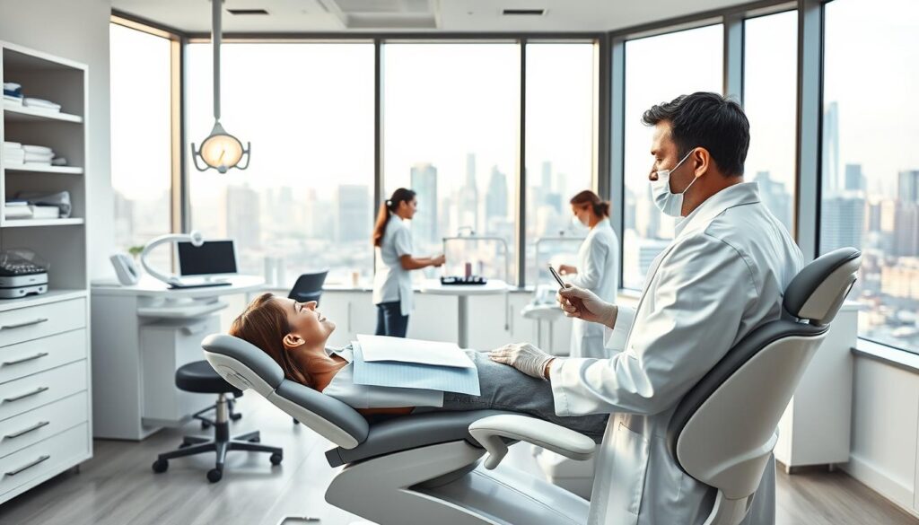 A modern, well-equipped dental clinic with clean, minimalist interior design. A professional dentist in a white lab coat examines a patient's teeth on a reclining chair in the foreground, while a team of dental assistants work in the middle ground. In the background, large windows let in soft, natural light and provide a scenic view of a bustling city skyline. The scene conveys a sense of high-quality, patient-centric dental care and a commitment to cutting-edge marketing and branding for the clinic.