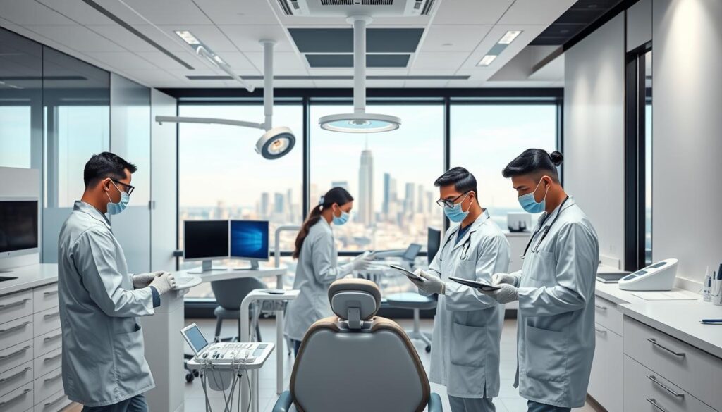 A modern, well-equipped dental clinic with efficient workflow and innovative technologies. In the foreground, a team of dentists and assistants collaborating seamlessly, utilizing cutting-edge digital tools and equipment. The middle ground showcases a bright, inviting reception area with a minimalist yet stylish design, creating a positive patient experience. The background features a panoramic view of the city skyline, suggesting the clinic's urban, forward-thinking setting. Soft, diffused lighting casts a warm, professional glow, and the overall atmosphere conveys a sense of clinical excellence, patient-centered care, and a commitment to staying at the forefront of the industry.