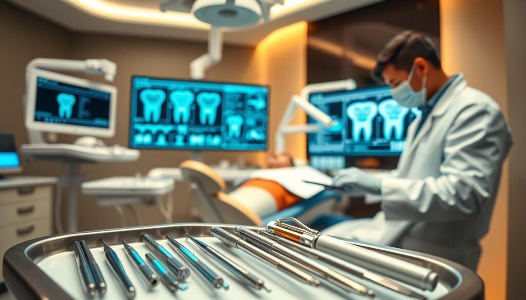 A modern, well-equipped dental clinic, with gleaming medical equipment and cutting-edge technology prominently displayed. In the foreground, a dentist in a white lab coat examines a patient's teeth on a state-of-the-art dental chair, utilizing advanced digital imaging tools. The middle ground showcases a range of sleek, precision dental instruments, neatly organized on a tray. In the background, a large, high-resolution display screen presents detailed patient records and treatment plans, illuminated by warm, indirect lighting that creates a calming, professional atmosphere. The overall scene conveys a sense of efficiency, innovation, and a commitment to delivering the best possible dental care through the seamless integration of technology.