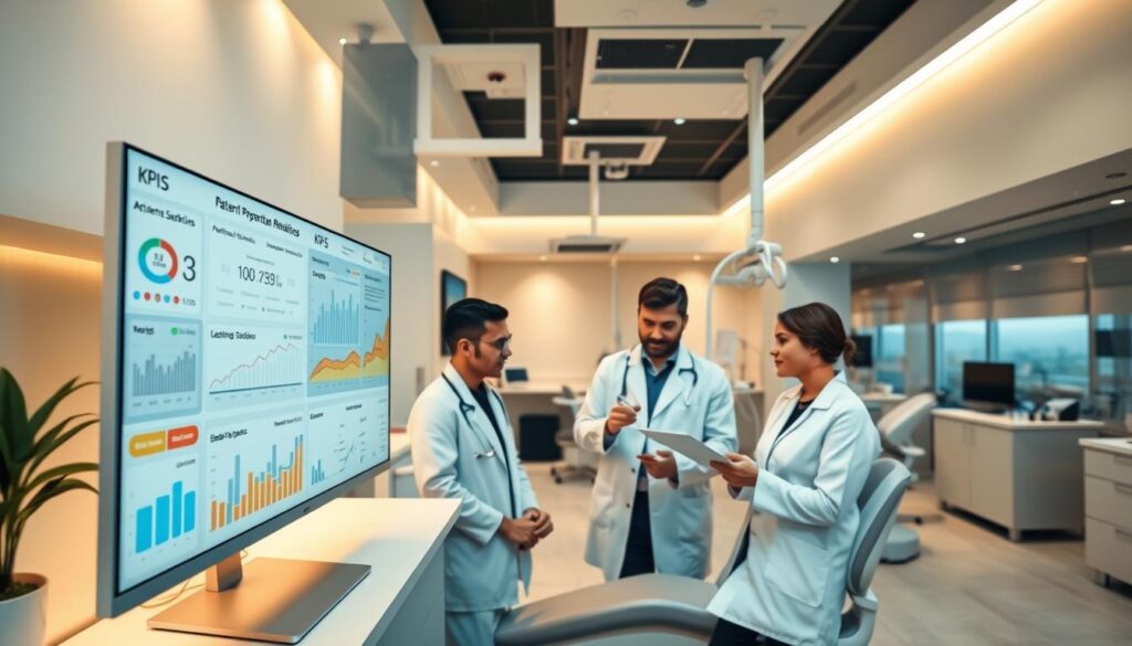 A modern, well-equipped dental clinic with sleek, minimalist decor. The foreground features a large computer monitor displaying various performance metrics and KPIs, such as patient satisfaction rates, appointment bookings, and revenue growth. In the middle ground, a team of dental professionals, including the clinic director and marketing manager, are engaged in a collaborative discussion, analyzing the data and strategizing ways to optimize their digital marketing efforts. The background showcases a panoramic view of the clinic's interior, with state-of-the-art equipment and a serene, calming atmosphere that puts patients at ease. Warm, directional lighting illuminates the scene, creating a professional and inviting ambiance.