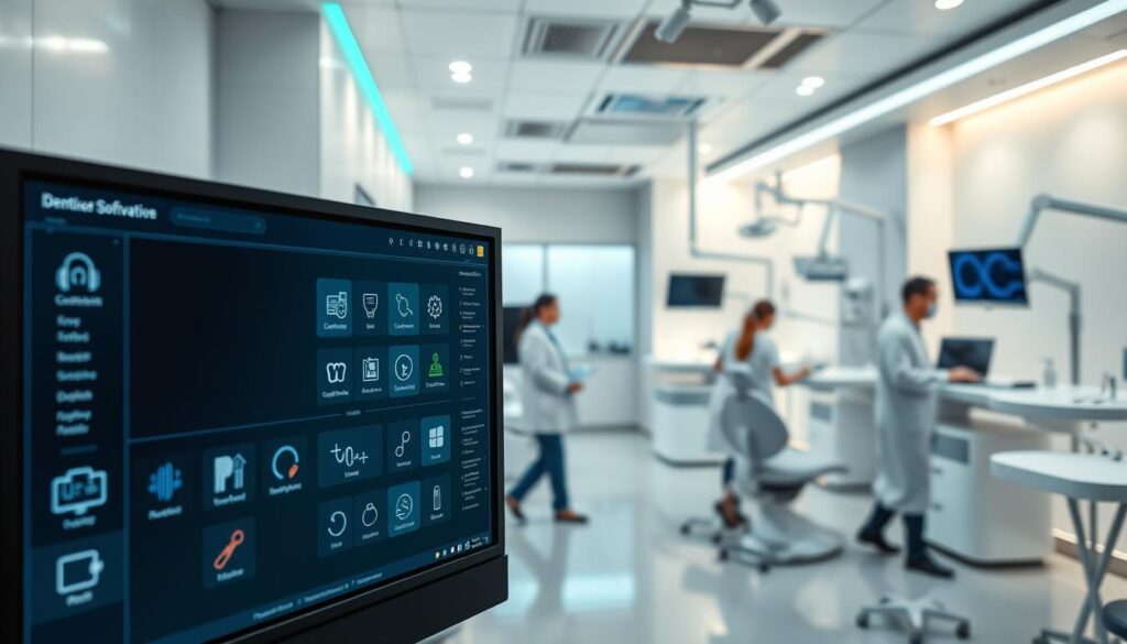 A modern, well-equipped dental clinic with sleek, minimalist design. In the foreground, a computer monitor displays a user interface with various icons and menus, representing the clinic's management software. Doctors and staff move efficiently through the mid-ground, tending to patients in clean, bright examination rooms. The background showcases advanced dental equipment, dental chairs, and other state-of-the-art technology. Warm lighting creates a welcoming atmosphere, while the layout emphasizes productivity and patient-centric care. Subtle blue and green accents complementing the clinical white and grey tones, conveying a sense of professionalism and innovation in dental practice management.