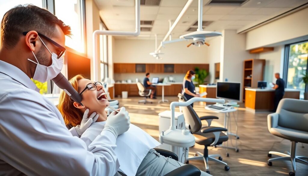 A modern, well-equipped dental office, bathed in warm, natural light streaming through large windows. In the foreground, a dentist examining a patient's teeth using advanced diagnostic tools. Midground, dental assistants preparing instruments and coordinating patient flow. Background, a spacious reception area with ergonomic furniture and calming decor, conveying professionalism and patient comfort. Overall, a harmonious scene capturing the efficient, patient-centric workflows of a state-of-the-art dental practice.