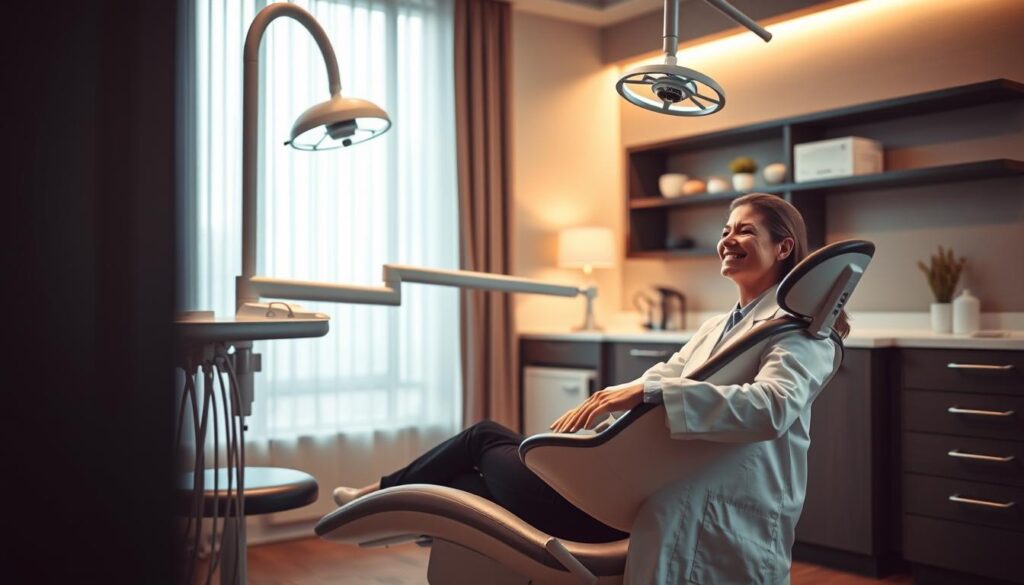 A modern, well-equipped dental office interior with a patient seated in a comfortable chair, being attended to by a friendly and attentive dentist wearing a clean white coat. Soft, warm lighting illuminates the scene, creating a calming and professional atmosphere. The dentist is using state-of-the-art dental equipment, including a high-tech examination light and a sleek, ergonomic dental chair. The patient appears relaxed and at ease, confident in the dentist's expertise. The office space is organized and clean, with subtle yet sophisticated decor elements that contribute to an overall sense of care and attention to detail.