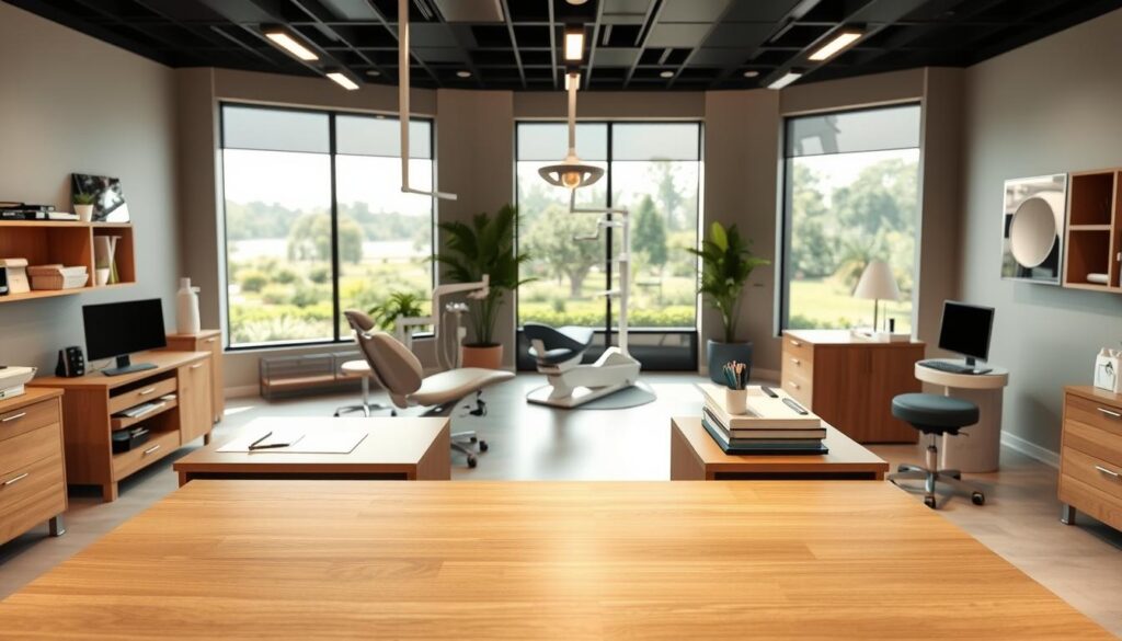 A modern, well-equipped dental office interior with a specialized support desk in the foreground. The desk is made of sleek, natural wood with a minimalist design, providing ample space for organizing patient files and medical equipment. Soft, indirect lighting casts a warm, inviting glow throughout the space, creating a calming atmosphere. The middle ground features comfortable patient chairs and various dental tools neatly arranged on side tables. In the background, floor-to-ceiling windows allow natural light to flood the room, offering a pleasant view of a serene, landscaped garden outside. The overall scene conveys a sense of professionalism, efficiency, and patient-centric care.