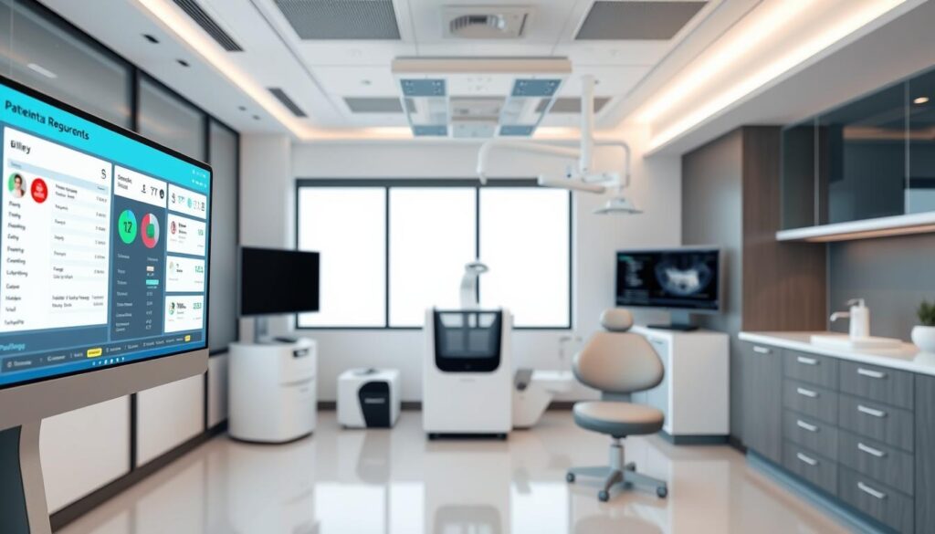 A modern, well-equipped dental office, showcasing a range of software-driven systems for practice management. In the foreground, a digital dashboard displays patient records, appointment scheduling, and billing information. In the middle ground, a 3D printer and intraoral scanner demonstrate the integration of cutting-edge technology. The background features a sleek, minimalist design with clean lines, neutral tones, and ample natural lighting, creating a professional and calming atmosphere. The overall scene conveys the efficiency, organization, and patient-centric approach of a state-of-the-art dental practice optimized for its scale and needs.