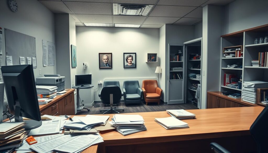 A modern, well-equipped dental office with a disorganized administrative area. In the foreground, a cluttered reception desk with scattered documents, an outdated computer, and a frustrated receptionist. In the middle ground, a poorly maintained patient waiting room with uncomfortable chairs and dated decor. The background reveals an unorganized supply closet, shelves overflowing with expired materials. The lighting is harsh, with harsh shadows casting a somber mood. The overall scene conveys a sense of mismanagement, inefficiency, and a lack of attention to detail - common pitfalls in the operational management of a dental practice.