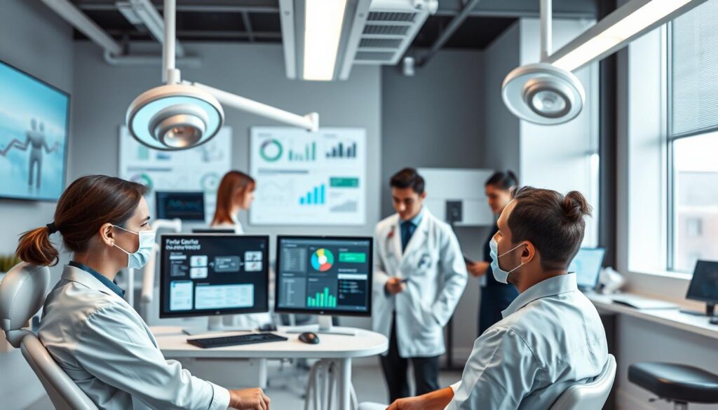 A modern, well-equipped dental office with a focus on strategic management. In the foreground, a dentist consults with a patient, discussing treatment options and financial planning. The middle ground showcases organizational tools like appointment scheduling software and patient records on sleek computer monitors. In the background, a team of dental professionals collaborates, analyzing key performance indicators and brainstorming ways to streamline operations and enhance the patient experience. The lighting is bright and professional, with clean lines and a calming color palette reflecting the clinic's attention to detail and efficiency. The overall atmosphere conveys a sense of expertise, innovation, and a patient-centric approach to dental practice management.