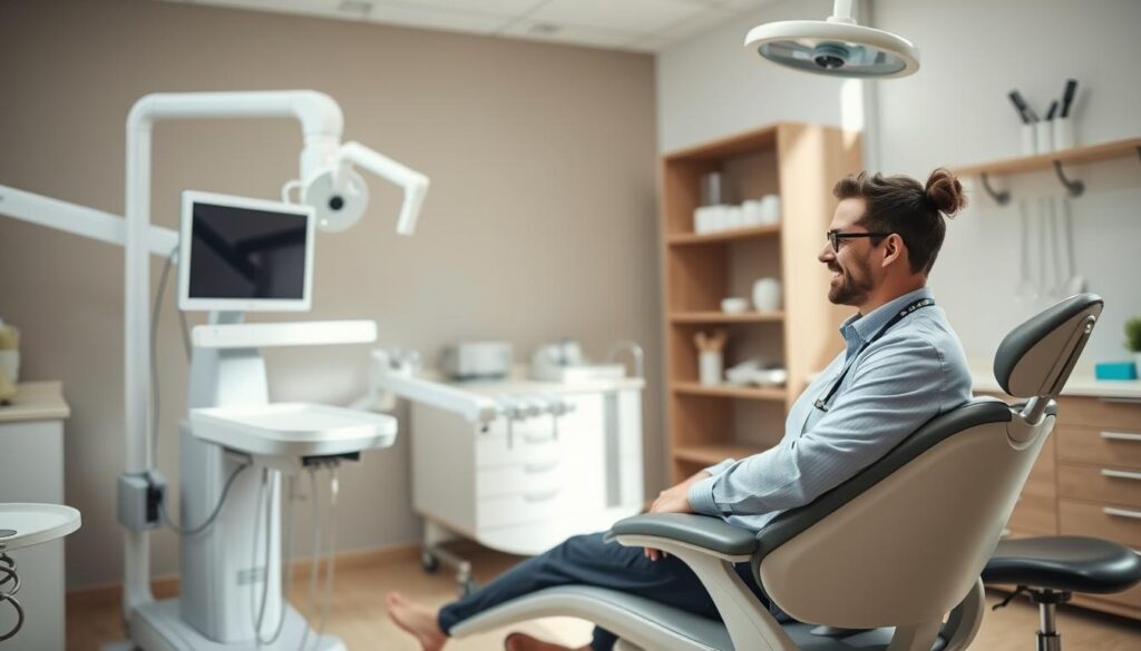 A modern, well-equipped dental office with a professional, inviting atmosphere. In the foreground, a patient sits comfortably in the dentist's chair, receiving a thorough examination from a caring, attentive dentist. The middle ground features state-of-the-art dental equipment, including a digital X-ray machine and a sleek, ergonomic dental chair. The background showcases a clean, organized workspace with various dental tools and materials neatly arranged, conveying a sense of efficiency and attention to detail. Soft, natural lighting illuminates the scene, creating a calming and reassuring ambiance. The overall composition highlights the importance of effective dental management and marketing in providing high-quality, patient-centric care.