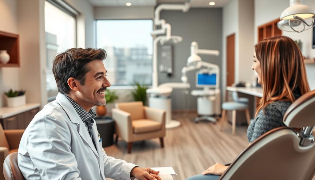 A modern, well-equipped dental office with a warm, welcoming atmosphere. In the foreground, a friendly dentist is engaged in an attentive, personalized consultation with a patient, making eye contact and gesturing to explain procedures. The middle ground features comfortable seating and inviting decor, conveying a calming, professional environment. The background showcases state-of-the-art dental equipment and technology, subtly indicating the clinic's commitment to high-quality care. The lighting is soft and natural, creating a relaxed, reassuring mood. Captured with a wide-angle lens to depict the comprehensive patient experience.