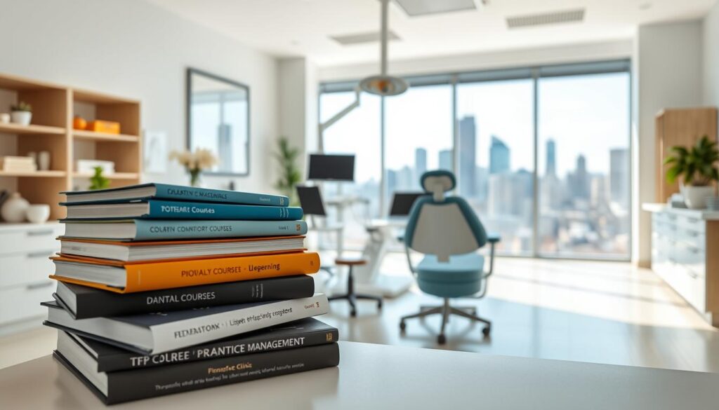 A modern, well-equipped dental office with clean, minimalist design. In the foreground, a stack of textbooks and learning materials, representing free online courses for dental professionals. The middle ground shows a dentist's workstation with a laptop, tablet, and various dental tools, hinting at the practical applications of the courses. The background features a large window overlooking a vibrant city skyline, symbolizing the opportunity for growth and improved practice management. The lighting is soft and natural, creating a calming, professional atmosphere. The overall composition conveys the idea of accessible, high-quality educational resources to enhance the management of a dental clinic.