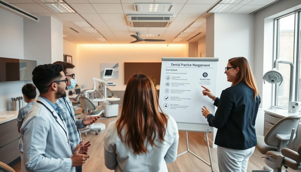 A modern, well-equipped dental office with sleek, minimalist decor. In the foreground, a group of dental professionals - including a dentist, hygienist, and office manager - are engaged in a lively discussion, gesturing animatedly. The middle ground features a large whiteboard displaying a curriculum outline for a "Dental Practice Management Course", with icons and bullet points. In the background, rows of dental chairs, medical equipment, and a reception area can be seen, all bathed in warm, natural lighting through large windows. The overall scene conveys a sense of professionalism, education, and the business side of running a successful dental practice.