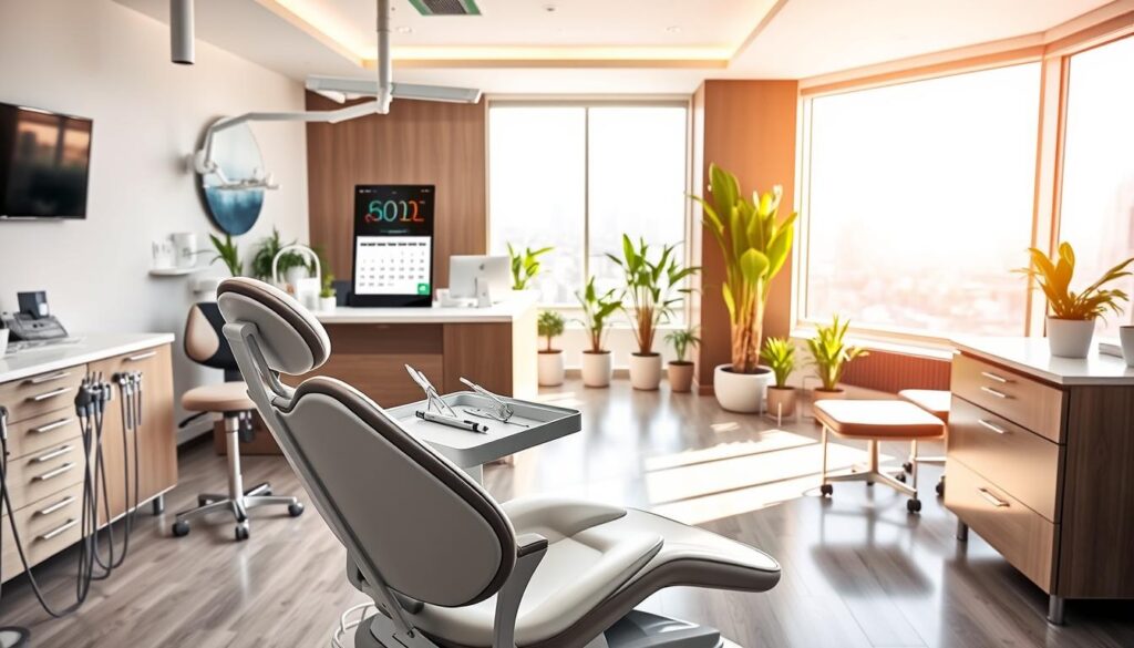 A modern, well-equipped dental office with sleek, minimalist design. In the foreground, a dentist's chair with ergonomic features and a rolling tray of dental instruments. In the middle ground, a reception desk with a digital appointment calendar and a smiling receptionist. The background showcases a bright, airy waiting area with potted plants, comfortable seating, and large windows overlooking a cityscape. The lighting is warm and inviting, creating a calming atmosphere. The overall scene conveys professionalism, efficiency, and patient-centered care.