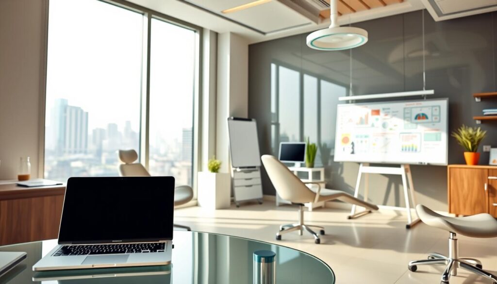 A modern, well-equipped dental office with sleek, minimalist furniture and decor. In the foreground, a laptop computer and documents are neatly arranged on a glass desk, suggesting an emphasis on efficient practice management. In the middle ground, a whiteboard filled with colorful notes and diagrams represents continuing education and professional development opportunities. The background features a large window overlooking a bustling city skyline, conveying a sense of growth, progress, and the importance of staying current in the ever-evolving field of dental practice management. The overall mood is professional, organized, and forward-thinking, capturing the essence of the "Cursos gratuitos para melhorar sua gestão odontológica" section.