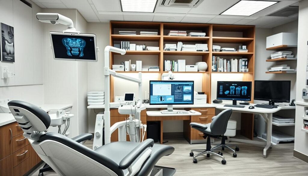 A modern, well-equipped dental office, with state-of-the-art technology on display. In the foreground, a sleek dental chair with advanced diagnostic equipment, including a high-resolution digital X-ray scanner and a 3D intraoral camera. In the middle ground, a desk with a powerful computer and a touchscreen display, showcasing dental practice management software. In the background, shelves filled with the latest dental tools, materials, and equipment, all designed to streamline workflow and improve patient care. The lighting is bright and clean, creating a professional, yet welcoming atmosphere. The overall scene conveys a sense of innovation, efficiency, and a commitment to delivering the highest quality of dental services.