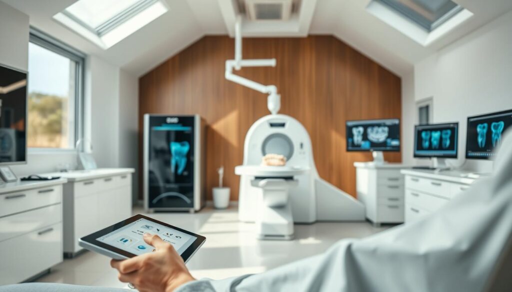 A modern, well-equipped digital dental clinic in 2025, featuring a sleek, minimalist interior design with natural lighting. In the foreground, a tablet device displays patient records and treatment plans. In the middle ground, a 3D printer produces custom dental implants and aligners. In the background, a state-of-the-art panoramic X-ray machine and computer-aided design software for dental prosthetics. The overall atmosphere conveys a sense of advanced, efficient, and patient-centric care, showcasing the innovative tools and technologies that will shape the future of dental practices.