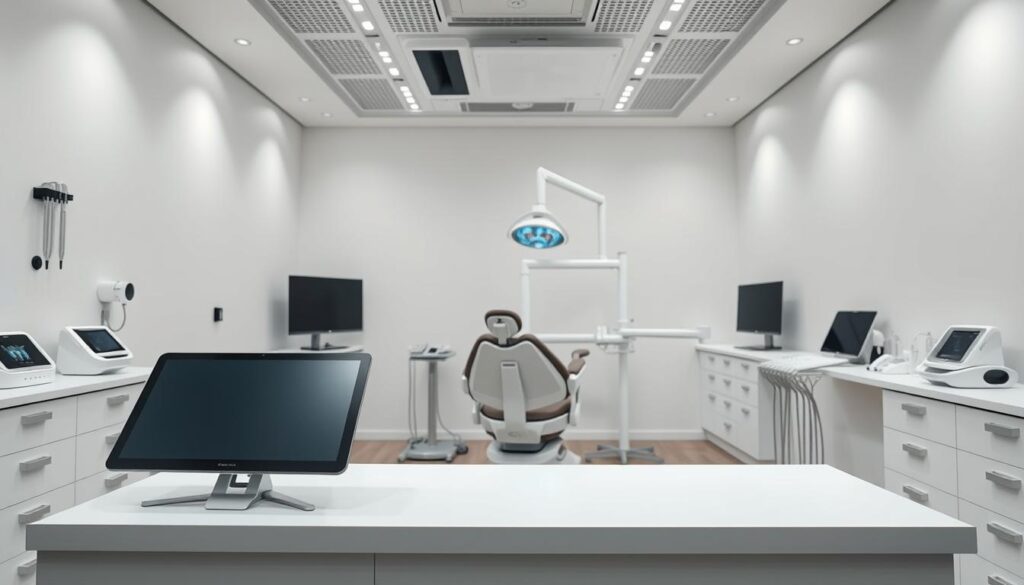 A modern, well-equipped digital dental clinic with various high-tech tools and devices. In the foreground, a sleek touchscreen monitor and a 3D dental scanner stand on a minimalist white countertop. In the middle ground, a state-of-the-art dental chair with built-in lighting and ergonomic controls commands the center of the frame. The background showcases a clean, minimalist aesthetic with white walls, recessed lighting, and subtle accents of steel and glass. The overall scene conveys a sense of professionalism, efficiency, and a commitment to cutting-edge technology in the world of digital dentistry.