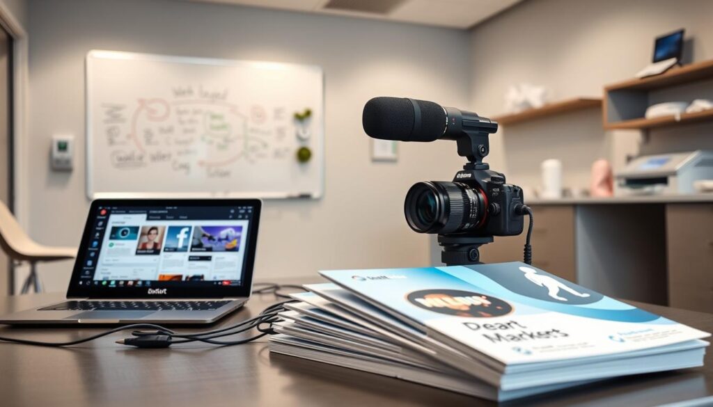 A modern, well-lit dental clinic featuring a variety of essential marketing tools. In the foreground, a sleek laptop, a professional camera, and a stack of brochures with clean, eye-catching designs. In the middle ground, a tablet displaying a social media dashboard, a microphone for video content, and a network of cables connecting the devices. The background showcases a whiteboard with brainstormed marketing strategies, a printer/scanner, and a sleek desk organizing the workspace. The overall scene conveys a sense of professionalism, technology, and a focus on effective dental practice promotion.