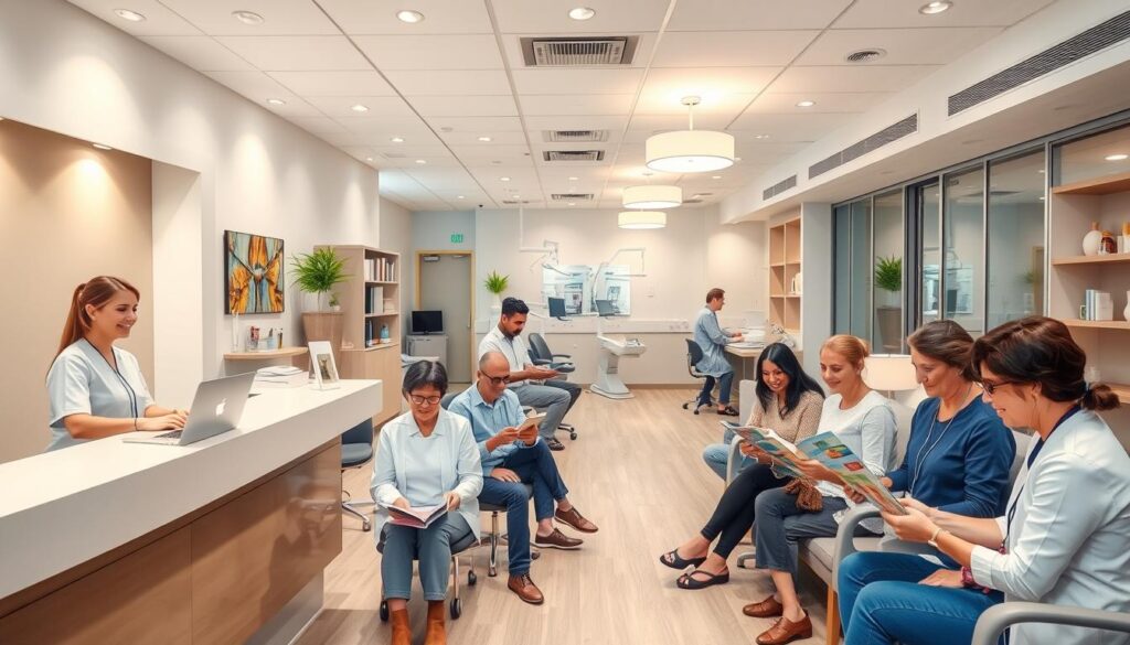 A modern, well-lit dental clinic interior with a cheerful, welcoming atmosphere. In the foreground, a group of patients of diverse ages and backgrounds engage with a friendly receptionist at the front desk. In the middle ground, patients sit comfortably in the waiting area, some reading magazines, others conversing. The background features exam rooms with state-of-the-art equipment, dentists and hygienists tending to patients' needs. Warm lighting, soothing colors, and carefully curated decor create a sense of comfort and trust, reflecting the clinic's commitment to patient-centric care and building long-lasting relationships.