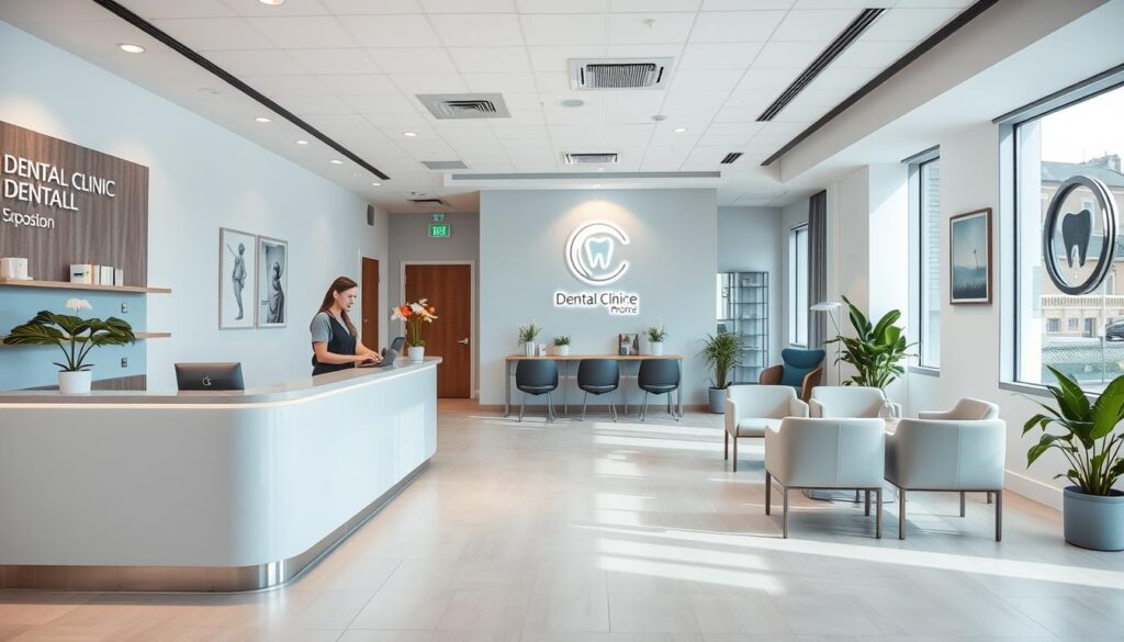 A modern, well-lit dental clinic interior with a focus on the reception and waiting area. In the foreground, a stylish reception desk with a friendly receptionist assisting a patient. The middle ground showcases comfortable seating arrangements and calming decor, like potted plants and artwork on the walls. The background highlights the clinic's branding, such as a prominent logo or signage, conveying a sense of professionalism and attention to detail. The overall atmosphere is warm, inviting, and designed to optimize the patient experience, reflecting strategies to boost profitability in the dental industry.