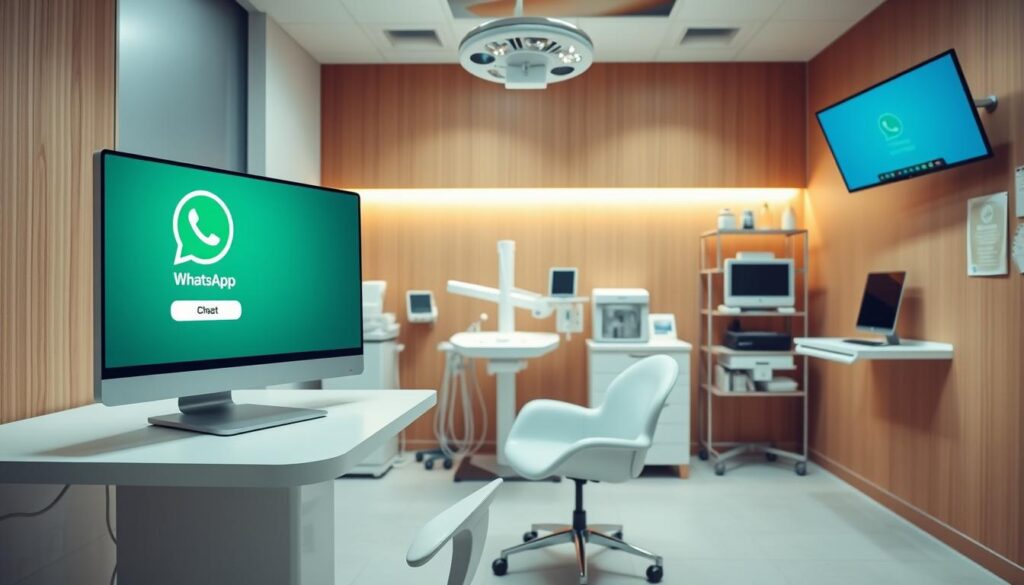 A modern, well-lit dental clinic interior with a prominent focus on a WhatsApp chat interface displayed on a large computer screen, showcasing the digital communication between patients and clinic staff. The foreground features a sleek, minimalist desk with a stylish office chair, creating a professional and inviting atmosphere. The middle ground includes medical equipment and supplies, subtly hinting at the clinic's capabilities. The background is a warm, neutral-toned wall, accentuating the clinic's clean and organized aesthetic. The overall scene conveys the clinic's commitment to providing excellent patient care through innovative digital communication channels.