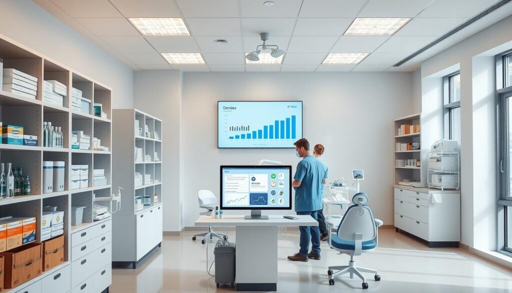 A modern, well-lit dental clinic interior with an organized, digital inventory management system displayed on a large screen. In the foreground, neatly arranged shelves and cabinets hold various dental supplies and equipment. At the center, a desk with a computer showcases a software interface with real-time stock levels, order tracking, and analytics. The middle ground features professional dental staff reviewing inventory data and restocking items as needed. The background depicts a clean, minimalist clinic design with natural lighting filtering through large windows, creating a calming, efficient atmosphere conducive to patient care.