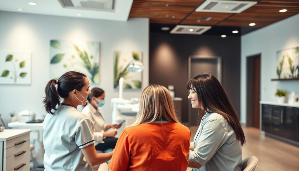 A modern, well-lit dental clinic interior, with patients in the foreground engaged with caring staff, showcasing a welcoming and attentive atmosphere that fosters patient loyalty. The middle ground features state-of-the-art dental equipment and a clean, organized layout, while the background depicts soothing nature-inspired wall art and decor elements that create a tranquil, spa-like ambiance. Soft, diffused lighting emanates from concealed sources, accentuating the clinic's professionalism and attention to patient comfort. The overall scene conveys a sense of trust, personalized care, and a commitment to building long-term relationships with patients.