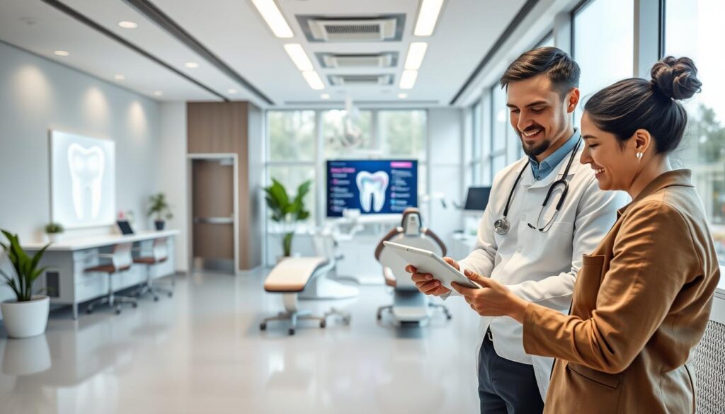 A modern, well-lit dental clinic interior with sleek, minimalist design. In the foreground, a dentist and patient discuss a treatment plan on a tablet. Behind them, a spacious reception area with comfortable seating and natural greenery accents. The middle ground features state-of-the-art dental equipment, including an examination chair, instruments, and a large, backlit display with dental health information. The background showcases large windows providing ample natural light, creating a calming, professional atmosphere. The overall scene conveys a strategic, forward-thinking approach to dental healthcare.