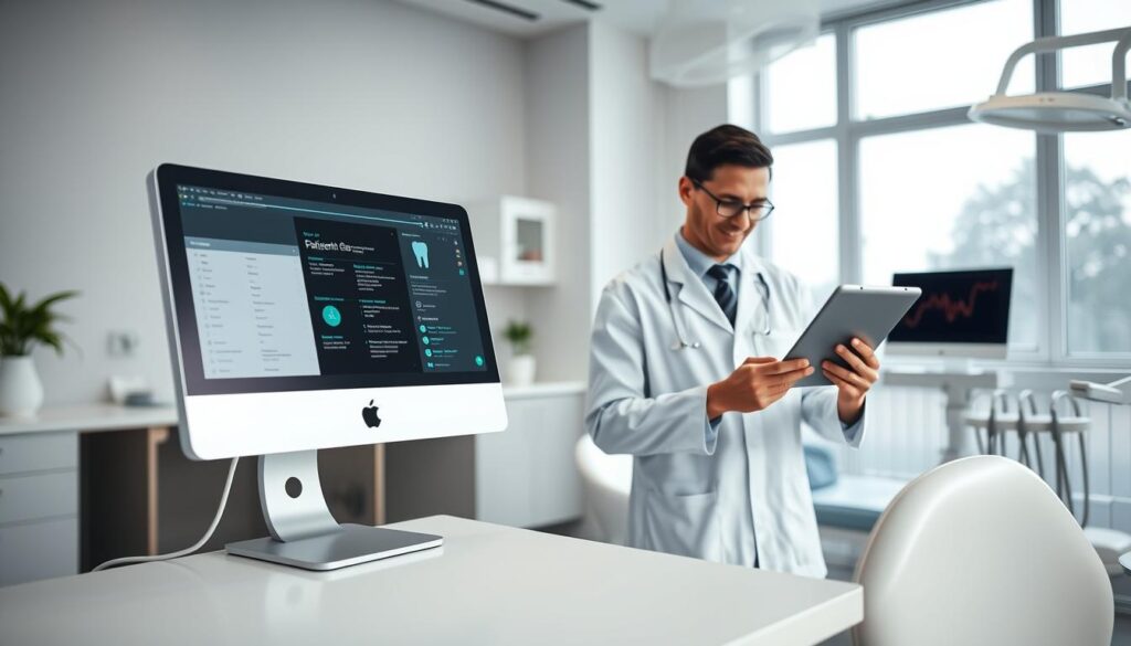 A modern, well-lit dental clinic with a serene, minimalist atmosphere. In the foreground, a sleek, white desktop computer monitors patient records, seamlessly integrated with a cloud-based storage system. The middle ground showcases a professional, yet approachable dentist using a tablet to access and update patient files, emphasizing the efficient and secure nature of the digital system. The background features clean, minimalist decor and large windows, allowing natural light to flood the space, creating a calming and inviting environment for patients.