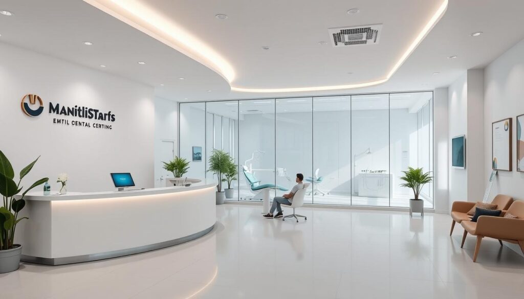 A modern, well-lit dental clinic with a sleek, minimalist interior design. The reception area features a large, curved desk with a digital check-in system. Behind the desk, a floor-to-ceiling glass wall offers a view of the bright, airy examination rooms equipped with the latest digital technology. Patients relax in comfortable chairs in the waiting area, surrounded by potted plants and natural lighting from large windows. The clinic's branding and signage are discreet yet sophisticated, reflecting a focus on patient-centric, technologically-advanced care.