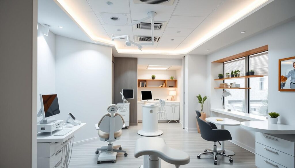 A modern, well-lit dental clinic with clean white walls and gleaming equipment in the foreground. In the middle ground, a franchised dental office with a more generic, cookie-cutter design. In the background, a cozy, independent dental practice with a personalized, homely atmosphere. The two contrasting styles represent the dilemma of choosing between a franchised operation or establishing one's own independent dental consultancy. The lighting is bright and professional, emphasizing the important decision the viewer must make.