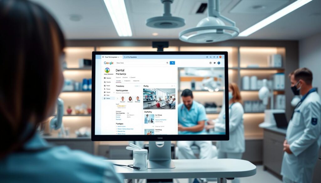A modern, well-lit dental clinic with sleek interior design. In the foreground, a computer screen displaying the Google My Business dashboard for a dental practice. Dentists and patients are visible in the middle ground, engaging with the Google My Business profile. In the background, shelves of dental supplies and equipment, conveying a professional, high-quality medical setting. The overall mood is one of efficiency, technology, and patient-centric care, reflecting the use of Google My Business to enhance the online presence and visibility of the dental practice.