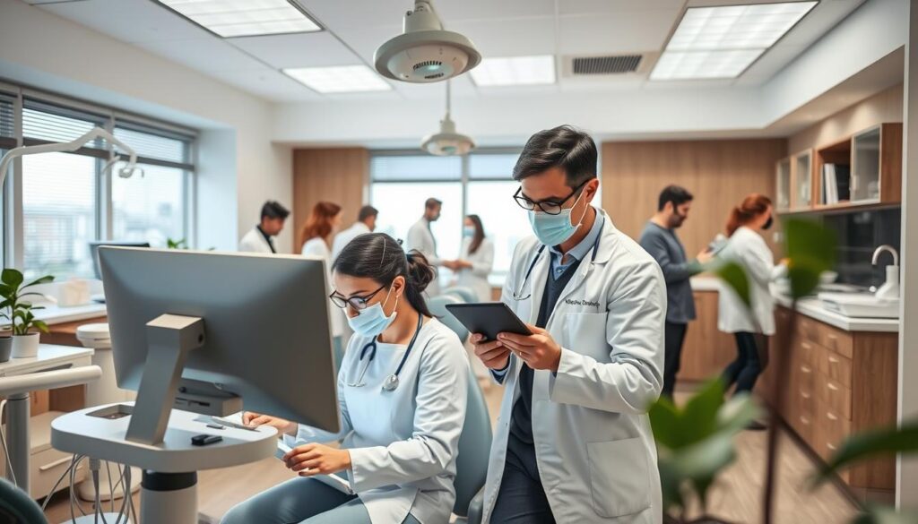 A modern, well-lit dental office interior, with a team of dental professionals collaborating in the foreground. In the middle ground, a dentist and dental assistant reviewing patient records on a computer, while in the background, other staff members work together, discussing treatment plans and organizing the clinic's operations. The atmosphere is one of efficiency, professionalism, and a positive team dynamic, reflecting the importance of effective team management in a successful dental practice.