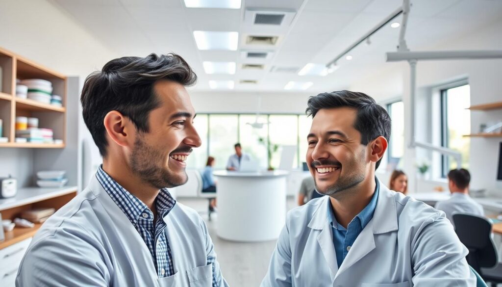 A modern, well-lit dental office interior. In the foreground, a dentist consults with a patient, their faces conveying trust and professionalism. Behind them, organized shelves and equipment suggest efficient workflow. The middle ground showcases a reception area with a friendly receptionist, and patients in the waiting area. In the background, windows allow natural light to flood the space, creating a calming, serene atmosphere. The overall scene conveys the benefits of effective practice management - improved patient experience, streamlined operations, and a thriving dental business.