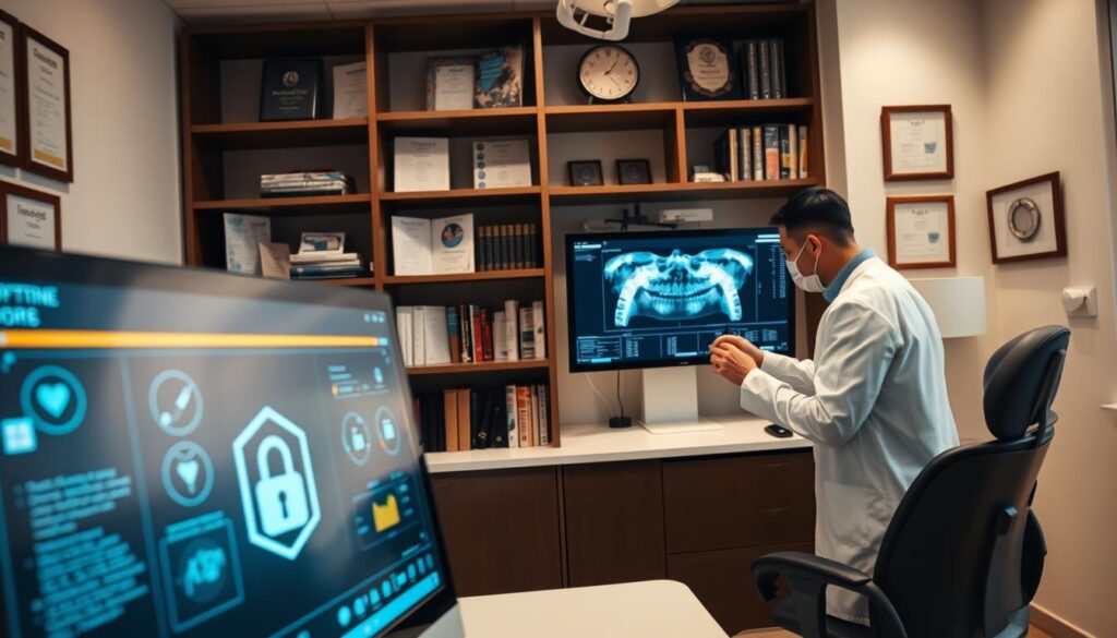 A modern, well-lit dental office interior. In the foreground, a desktop computer displays a secure software interface, with cryptographic icons and data visualization charts. In the middle ground, a dentist carefully examines digital X-rays on a high-resolution medical display. The background features bookshelves filled with dental reference materials and certification plaques, conveying a sense of professionalism and data privacy. Soft, directional lighting creates a serene, trustworthy atmosphere, while the camera angle suggests a bird's-eye view, emphasizing the importance of data security in dental practice management.