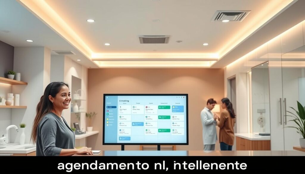 A modern, well-lit dental office reception area with a sleek digital appointment scheduling system on a large touchscreen display. The foreground features a friendly receptionist assisting a patient, while in the middle ground, several patients are seamlessly checking in or viewing their upcoming appointments. The background showcases an organized, minimalist design with calming colors, gentle lighting, and a warm, professional atmosphere that conveys efficiency and patient-centric service. The overall scene illustrates the concept of "agendamento inteligente" - an intelligent, streamlined appointment booking experience that optimizes the patient journey and clinic workflow.