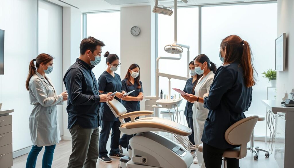 A modern, well-lit dental office with a team of skilled professionals engaged in interactive training. In the foreground, a dentist demonstrates proper techniques to a group of attentive dental assistants and hygienists. The middle ground showcases the team collaborating on patient case studies, utilizing state-of-the-art equipment and technology. The background depicts a serene, calming environment with natural lighting filtering through large windows, creating a professional yet welcoming atmosphere. The overall scene conveys a sense of dedication, continuous learning, and a commitment to providing the highest quality of dental care.