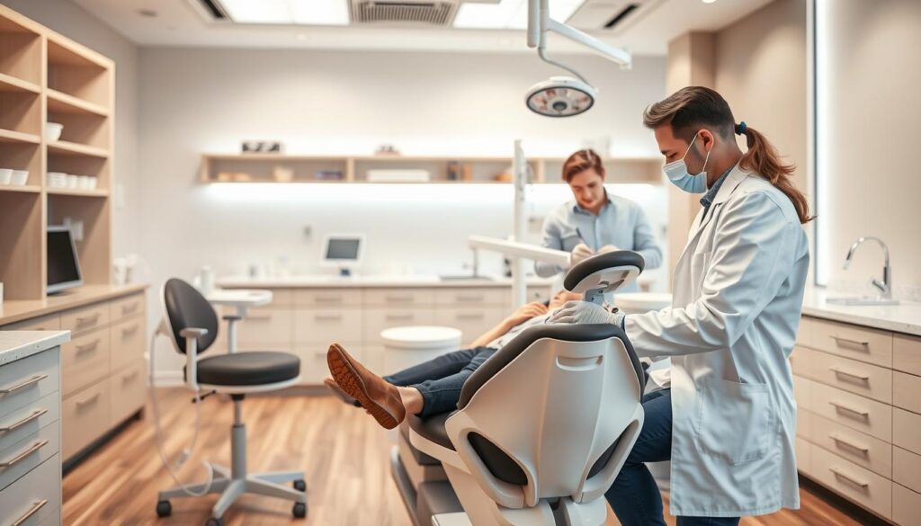 A modern, well-lit dental office with a warm, inviting atmosphere. In the foreground, a patient sits comfortably in a state-of-the-art dental chair, receiving gentle, attentive care from a skilled dentist wearing a crisp, white lab coat. The middle ground showcases the dental assistant, efficiently preparing instruments and monitoring the procedure. In the background, clean, organized shelves and medical equipment convey a sense of professionalism and attention to detail. The overall scene emanates a calming, patient-centric vibe, reflecting the highest standards of dental care and patient experience.
