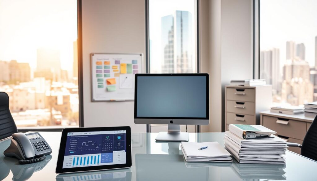 A modern, well-lit dental office with an array of essential management tools arranged neatly on a sleek, glass-topped desk. In the foreground, a tablet displaying practice analytics and scheduling software, surrounded by a high-quality desktop computer, a cordless telephone, a professional-grade stapler, and a stack of organized patient files. In the middle ground, a wall-mounted whiteboard with color-coded checklists and notes, complemented by a efficient filing cabinet. The background features a large window overlooking a bustling urban cityscape, bathing the scene in warm, natural light and conveying a sense of productivity and success. The overall atmosphere is one of efficiency, organization, and a commitment to excellence in dental practice management.