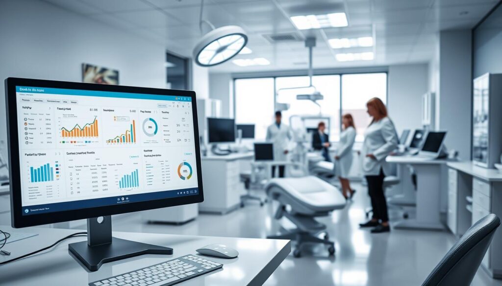 A modern, well-lit dental office with clean, minimalist decor. In the foreground, a desktop computer displays a comprehensive data dashboard with charts, graphs, and statistical visualizations. The middle ground features a dentist in a white lab coat, intently studying the data on the screen. In the background, a panoramic view of the office shows organized patient files, state-of-the-art dental equipment, and a team of assistants efficiently coordinating operations. The scene conveys a sense of data-driven decision making, strategic planning, and a commitment to optimizing clinical workflows and patient outcomes.