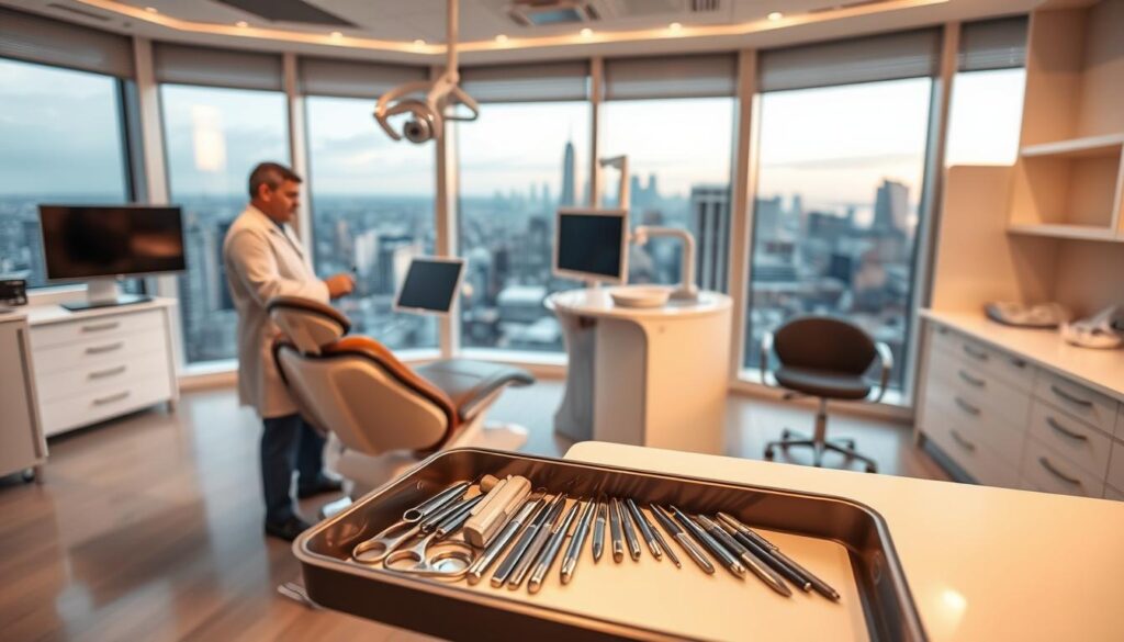 A modern, well-lit dental office, with sleek and ergonomic furniture. In the foreground, a dentist stands beside a patient's chair, discussing treatment options. The middle ground features various dental instruments and equipment, neatly arranged on a tray. The background showcases a panoramic view of the city skyline through large windows, creating a sense of openness and professionalism. The lighting is soft and warm, creating a calming atmosphere. The overall scene conveys a sense of expertise, innovation, and a patient-centric approach to dental care.