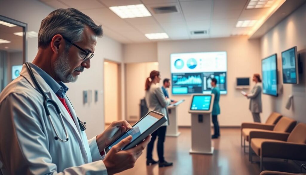A modern, well-lit medical clinic with a focus on digital management. In the foreground, a doctor reviews patient records on a tablet, their face illuminated by the screen's soft glow. In the middle ground, patients check in at a sleek, touchscreen kiosk, while a nurse monitors the clinic's centralized digital dashboard. The background reveals a spacious, minimalist waiting area with high-tech devices and displays highlighting the clinic's efficiency and technological integration. Warm, neutral tones create a calming, professional atmosphere, conveying the benefits of a digitally-managed healthcare environment.