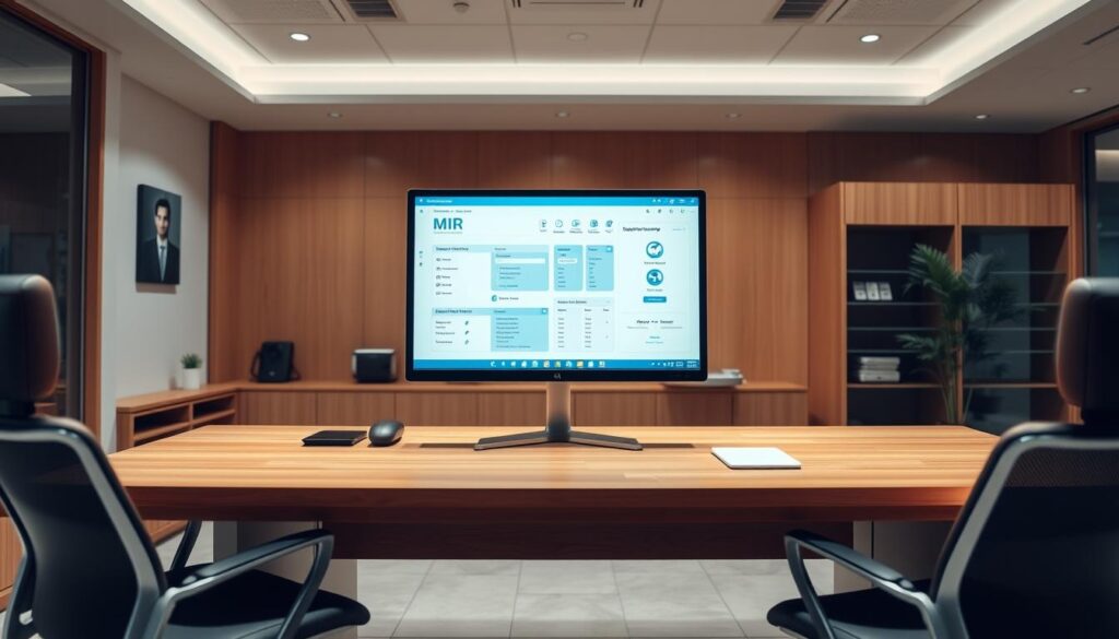 A modern, well-lit medical office interior with a sleek, intuitive electronic medical record (EMR) system displayed on a large flat-screen monitor. The screen showcases a user-friendly interface with patient information, treatment history, and scheduling tools. The desk is made of warm, polished wood, complemented by ergonomic office chairs and subtle, ambient lighting. The overall atmosphere conveys a sense of professionalism, efficiency, and patient-centered care, reflecting the "Prontuário eletrônico: segurança e praticidade" section of the article.