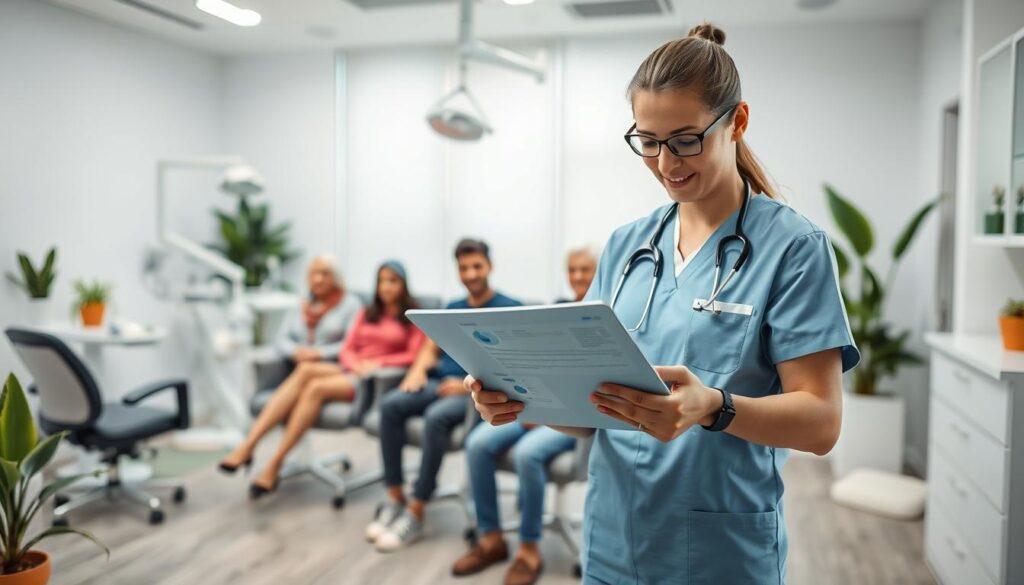 A modern, well-lit medical office setting with a professional dental clinician standing in the foreground, carefully examining a detailed patient profile on a tablet. In the middle ground, a group of diverse patients - young and old, from different backgrounds - sit patiently in comfortable chairs, illustrating the clinic's inclusive and personalized approach to patient care. The background features state-of-the-art dental equipment and soothing natural elements like plants, creating a calming, inviting atmosphere. The overall scene conveys the clinic's dedication to understanding and catering to the unique needs of their target audience.