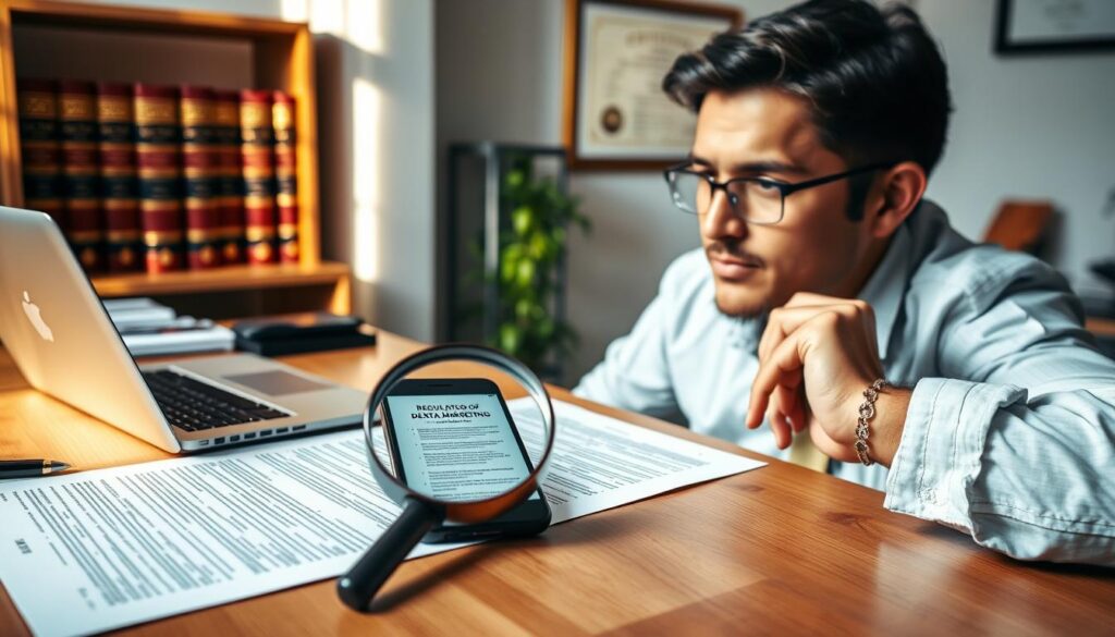 A modern, well-lit office setting with a wooden desk, a laptop, and various office supplies. On the desk, a magnifying glass hovers over legal documents and a smartphone displaying regulations related to dental marketing. In the background, a row of law books and a framed certificate on the wall suggest a professional, legal atmosphere. Soft, directional lighting casts warm shadows, creating a contemplative mood as the subject deeply considers the implications of dental marketing regulations.