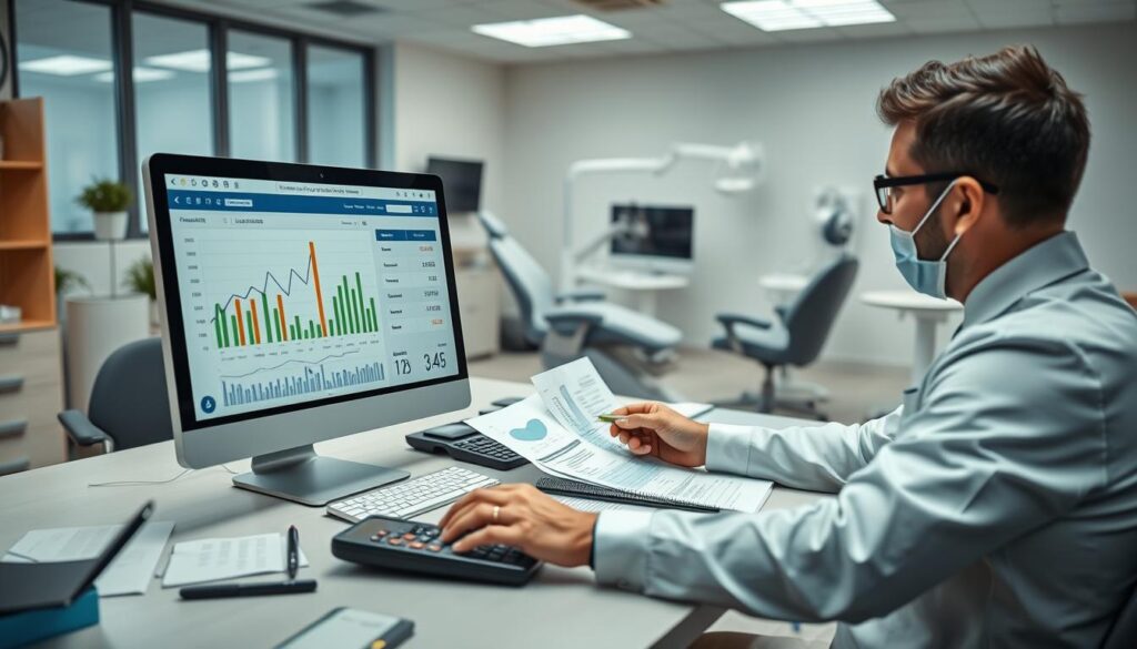 A modern, well-lit office space with a desk showcasing a financial accounting software interface, displaying charts, graphs, and financial data. In the foreground, a dentist reviewing financial reports, meticulously analyzing expenses, revenue, and cash flow. The middle ground features organized financial documents, calculators, and a business plan. The background shows medical equipment, dental chairs, and other clinical elements, highlighting the integration of financial management within the dental practice. The scene conveys a sense of professionalism, attention to detail, and a commitment to the long-term sustainability of the dental clinic.