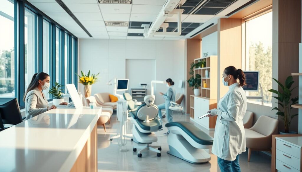 A modern, well-organized dental clinic interior with an efficient workflow. In the foreground, a receptionist assists a patient at the front desk, while in the middle ground, dental hygienists and dentists collaborate seamlessly using advanced equipment. The background showcases a bright, airy waiting area with comfortable seating and soothing decor, reflecting a carefully curated patient experience. Warm, natural lighting filters through large windows, creating a calming atmosphere. Overall, the scene conveys a sense of professionalism, attention to detail, and a patient-centric approach to dental care management.