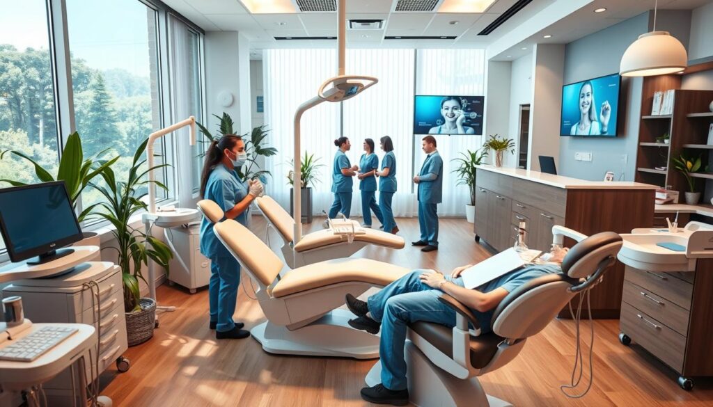 A modern, well-organized dental clinic interior with sleek dental chairs, cutting-edge equipment, and a warm, calming ambiance. The foreground features a professional dentist in clean scrubs, focused on a patient's teeth. The middle ground showcases a team of dental assistants coordinating tasks efficiently. In the background, a reception area with a friendly receptionist, soothing plant life, and a digital display showcasing dental services. Soft, natural lighting filters through large windows, creating a sense of openness and transparency. The overall scene conveys a clinical yet inviting atmosphere, reflecting a well-managed, patient-centric dental practice.